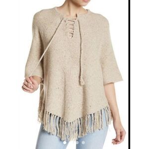 Joie Lace Up Sweater Pedra Oatmeal Wool Small Fringe Hem Pullover Poncho Sweater